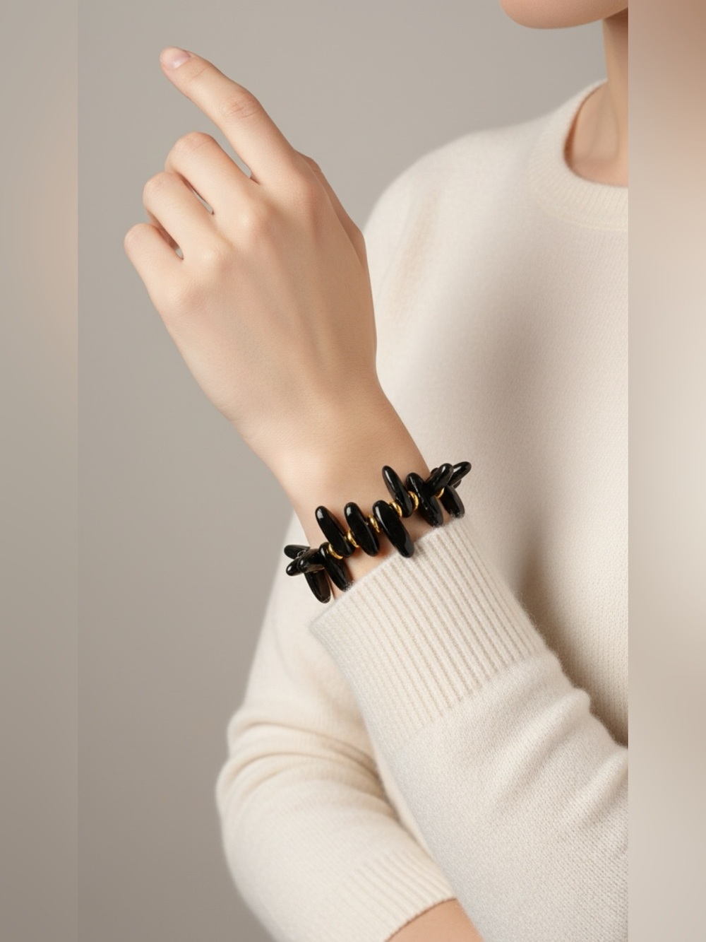 Elegant Black Beaded and Gold Stretch Bracelet - Women’s Jewelry